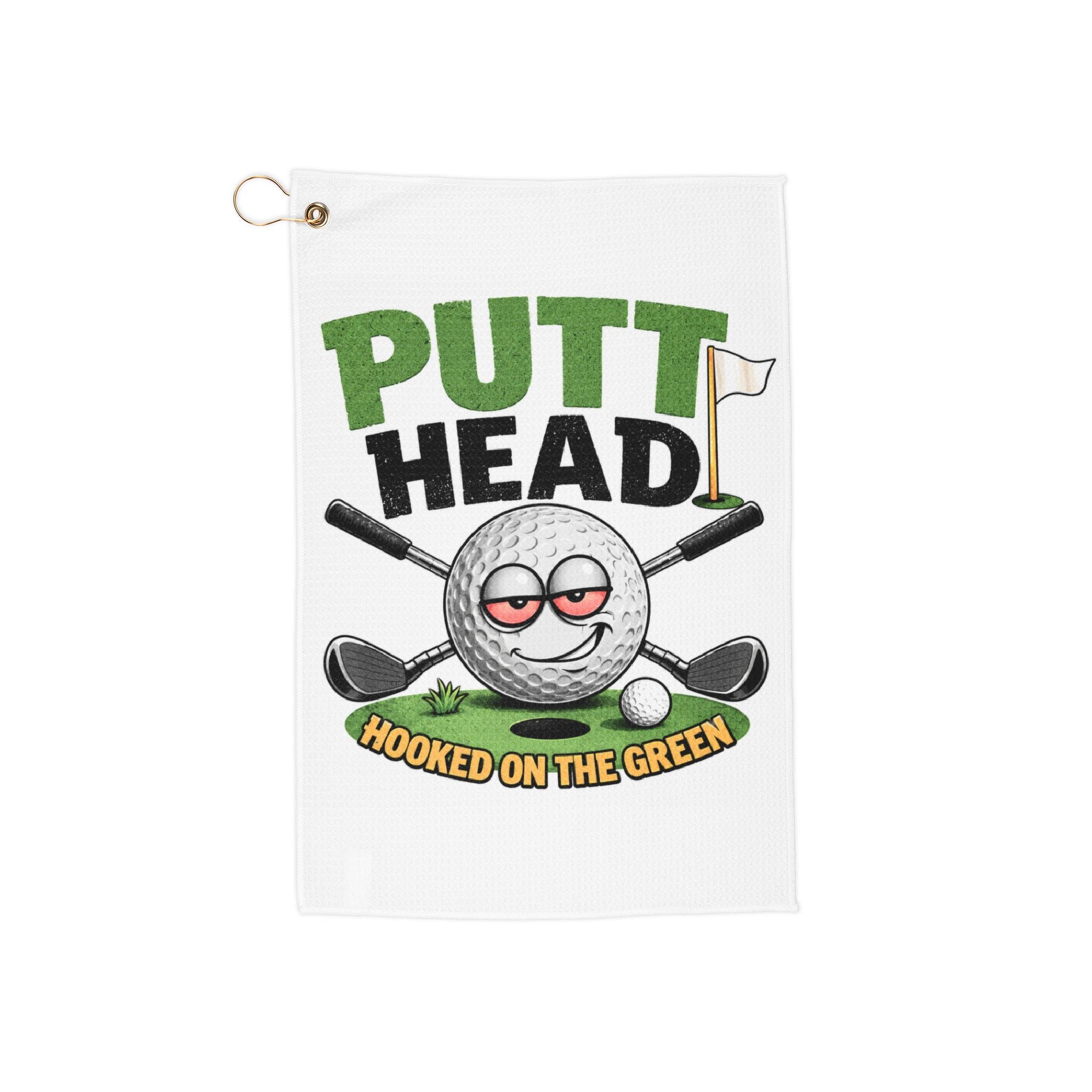 Putt Head golf towel | Hooked on the green, golf ball design